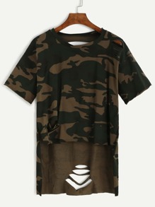 Camo Print High Low Distressed T-shirt