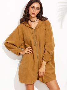 Brown Zipper Front Hooded Long Sleeve Outerwear