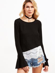 Black Contrast Lace Trim Bell Cuff T-shirt