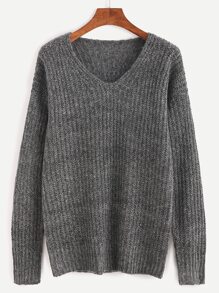Grey Ribbed Knit Drop Shoulder Sweater