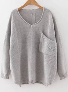 Grey V Neck Ripped Dip Hem Sweater With Pocket