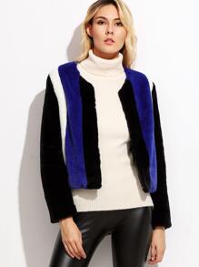 Color Block Collarless Faux Fur Coat
