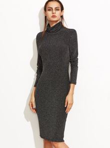 Black Marled Knit Cowl Neck Ribbed Pencil Dress