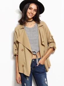 Khaki Drape Collar Roll Tab Sleeve Short Trench Coat