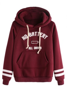 Burgundy Letters Print Pocket Hooded Sweatshirt
