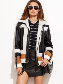 Color block PU Leather Faux Shearling Zipper Jacket