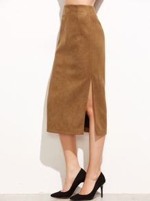 Khaki Suede Split Side Skirt