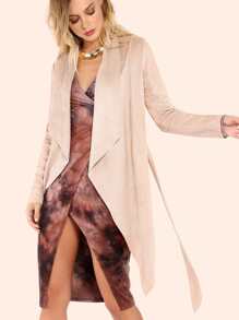 Faux Suede Belted Crepe Lapel  Outerwear NUDE