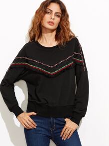 Black Embroidered Tape And Fringe Embellished Sweatshirt