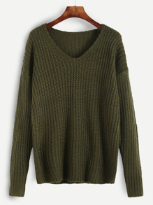 Olive Green Ribbed Knit Drop Shoulder Sweater