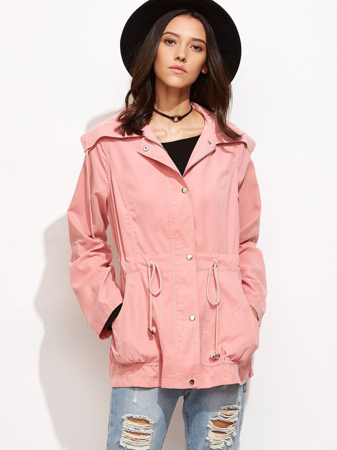 Pink Wide Collar Drawstring Utility Jacket EmmaClothWomen Fast Fashion