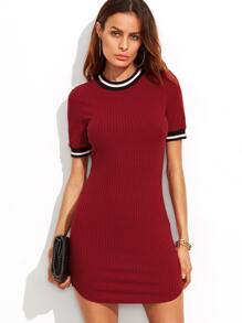 Burgundy Striped Trim Ribbed Knit Bodycon Dress