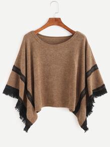Khaki Contrast Crochet Fringe Hem Poncho Sweater