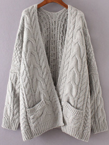 Grey Drop Shoulder Cable Knit Cardigan With Pockets