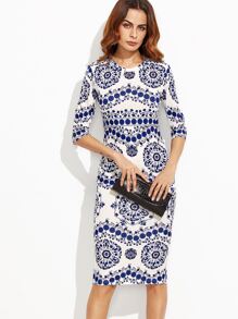 Blue And White Porcelain Print Pencil Dress