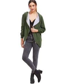 Army Green Hooded Zip Up Pockets Loose Coat