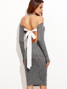 Grey Marled Knit Cold Shoulder Cutout Tie Back Pencil Dress