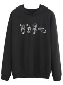 Black Cartoon Print Hooded Sweatshirt
