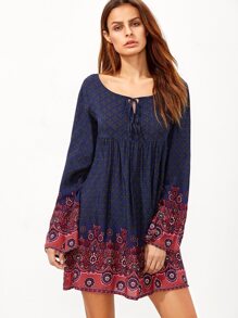 Navy Tie Neck Floral Print Dress