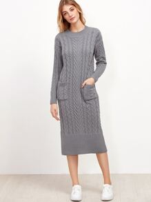 Grey Cable Knit Dual Pocket Front Slit Back Sweater Dress