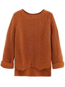 Brown Cuffed Sleeve Dip Hem Textured Sweater