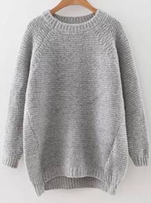 Grey Raglan Sleeve Dip Hem Sweater