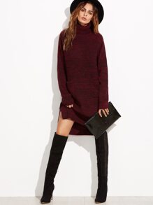 Burgundy Marled Knit Turtleneck High Low Sweater Dress