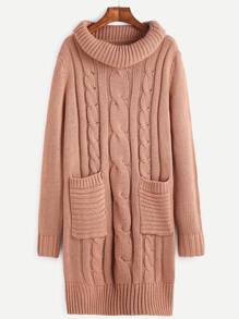Pink Cable Knit Turtleneck Sweater Dress With Pocket