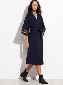 Navy Coin Fringe Detail Embroidered Kimono Sleeve Wrap Coat