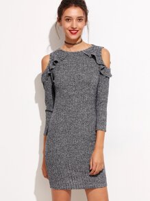 Grey Marled Knit Frill Trim Open Shoulder Dress