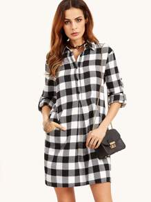 Black And White Checkered Roll Tab Sleeve Shirt Dress