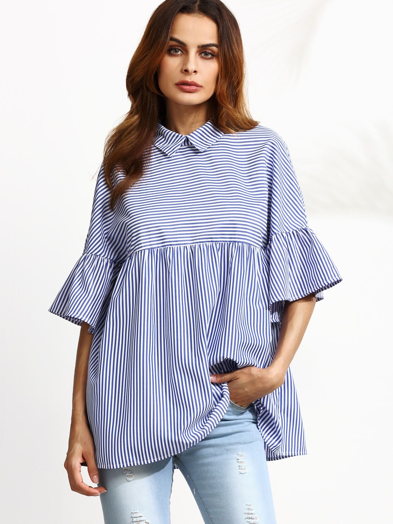 Blue Striped Ruffle Sleeve Babydoll Blouse EmmaCloth-Women Fast Blue Striped Ruffle Sleeve Babydoll Blouse EmmaCloth-Women Fast Fashion Online - Blue Striped Ruffle Sleeve Babydoll Blouse EmmaCloth-Women Fast