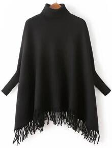 Black Turtle Neck Batwing Sleeve Fringe Cape Sweater