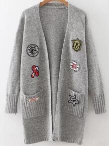 Grey Marled Knit Patch Long Cardigan With Pockets