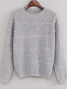 Grey Drop Shoulder Beaded Sweater