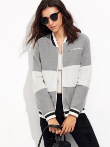Heather Grey Striped Trim Fluffy Panel Bomber Jacket