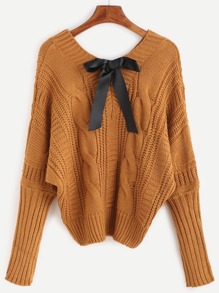 V Neck Batwing Sleeve Bow Tie Cable Knit Sweater