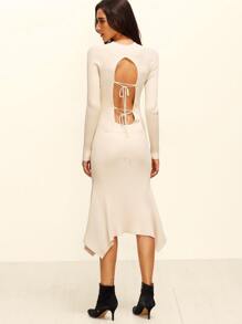 Apricot Ribbed Knit Cutout Lace Up Back Asymmetric Dress