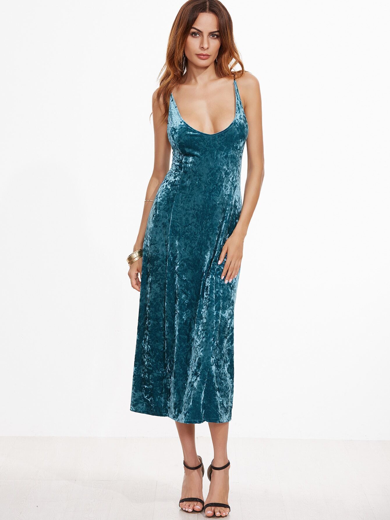 Peacock Blue Backless Velvet Slip Dress EmmaClothWomen Fast Fashion Online