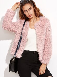 Pink Faux Fur Collarless Open Front Coat