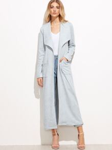 Blue Faux Suede Drape Collar Coat With Pocket