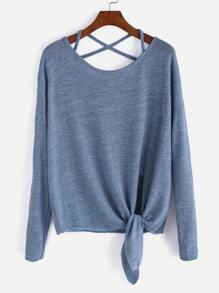 Blue Drop Shoulder Criss Cross Tie Front T-Shirt