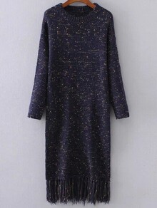 Navy Drop Shoulder Fringe Hem Knit Dress