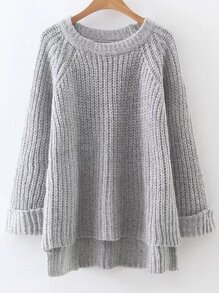 Light Grey Raglan Sleeve Dip Hem Sweater