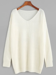 White V Neck Drop Shoulder Sweater