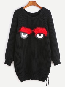 Black Ribbed Knit Faux Fur Eye Detail Sweater