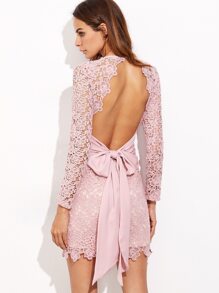 Pink Bow Tie Open Back Embroidered Lace Dress
