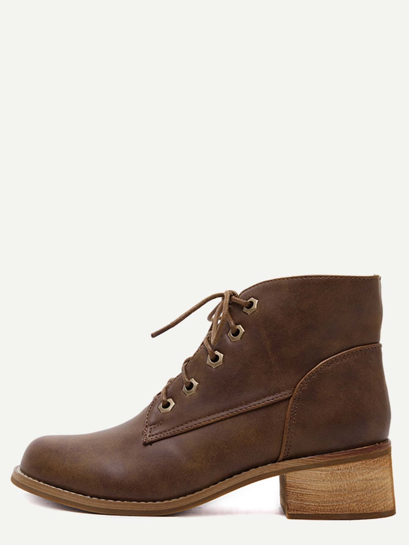 Brown Faux Leather Lace Up Cork Heel Short Boots EmmaClothWomen Fast