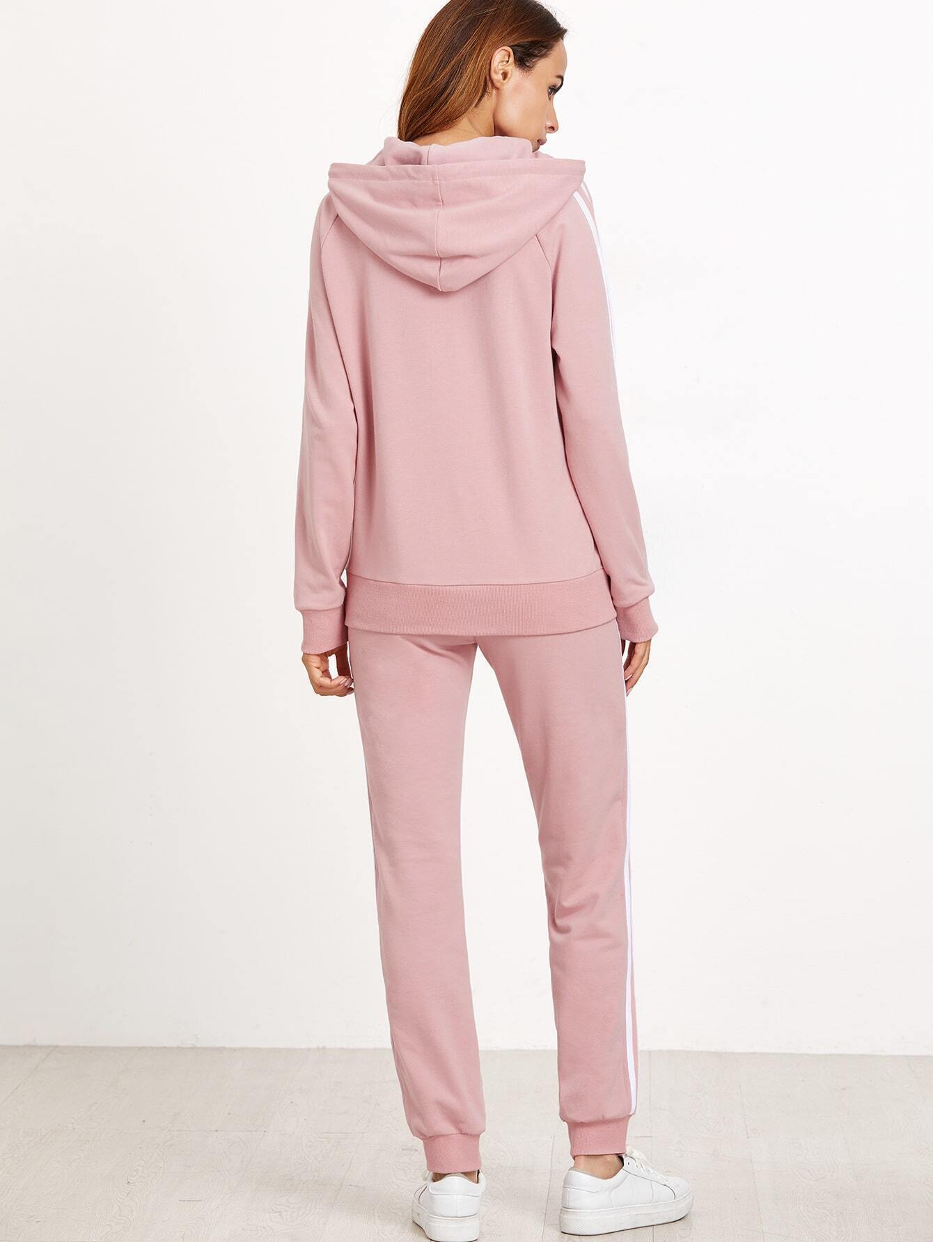 Pink Striped Sideseam Hooded Sweat Suit EmmaClothWomen Fast Fashion Online