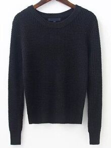 Black Waffle Knit Ribbed Trim Sweater